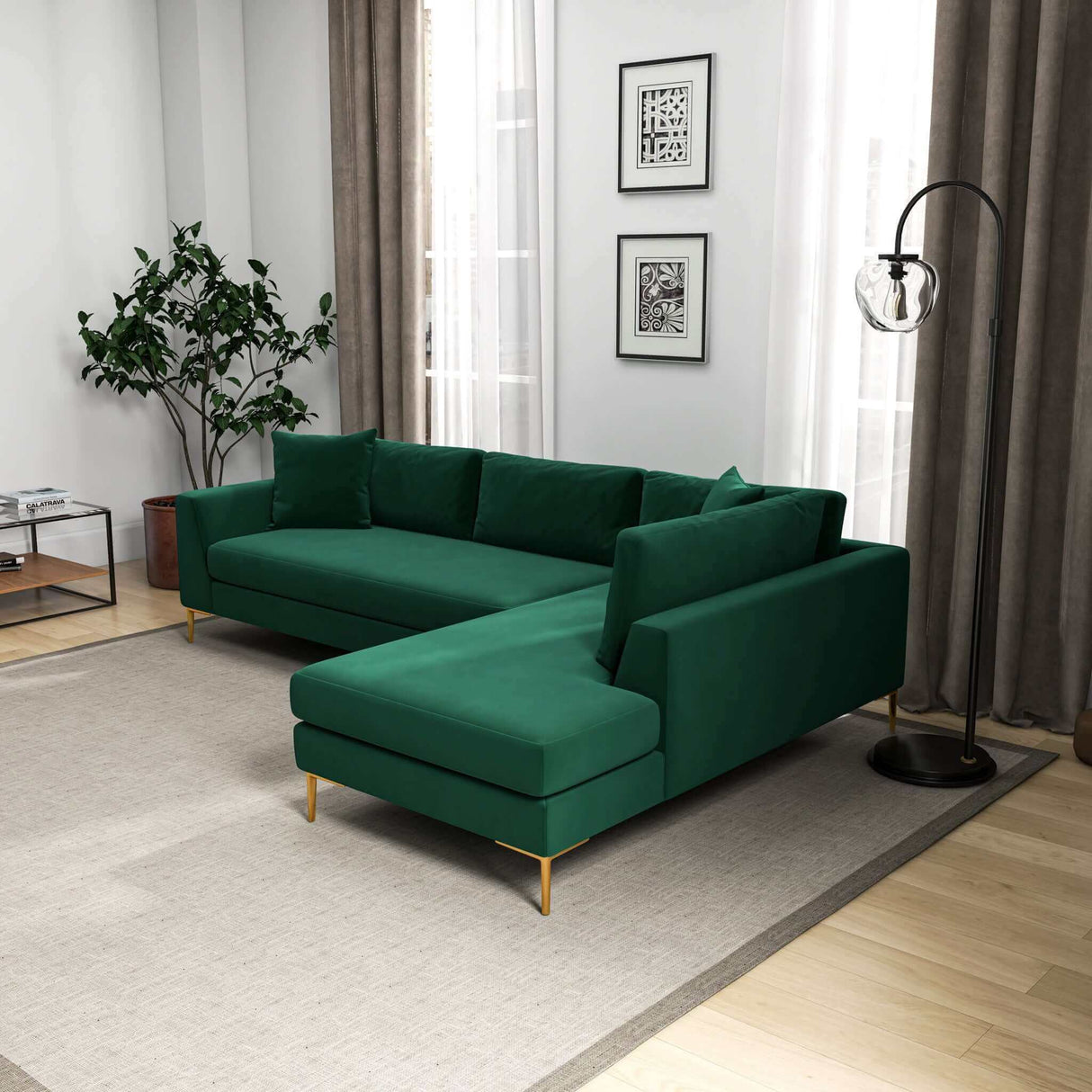 Mano L-Shaped Velvet Sectional Sofa In Green Right Facing