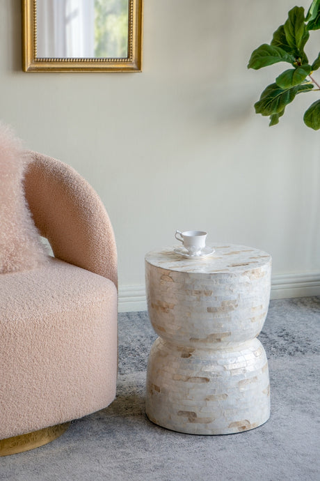 14x14x18'-Decorative-Bamboo-Hourglass-Stool-with-Gold-and-White-Capiz-Shell-Finish-Side-Tables