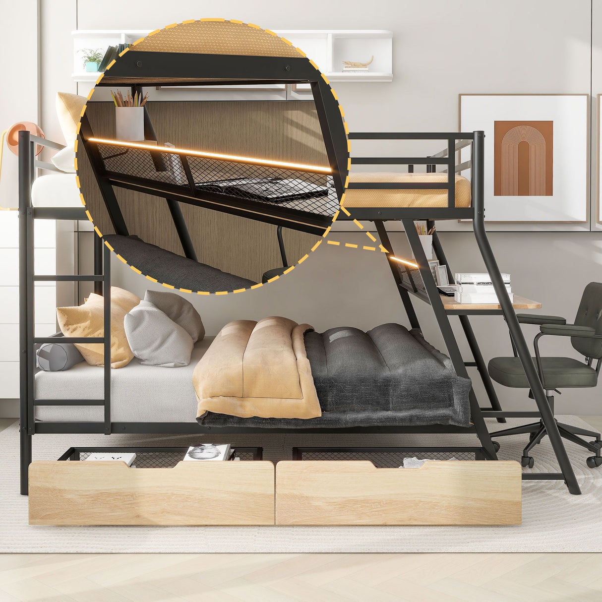 Full Size Bunk Bed With Built In Desk, Light, And 2 Drawers - Black
