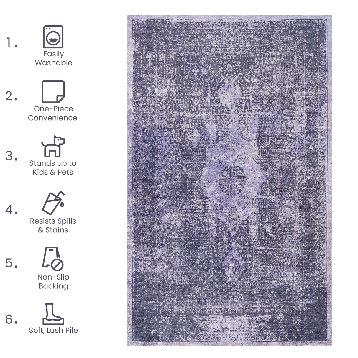 Area rug, washable rug, low-pile, non-slip, non-shedding, foldable, kid & pet friendly - area rugs for living room, bedroom, kitchen, dining room rug - perfect gifts, (anthracite, 2'6'' x 10')