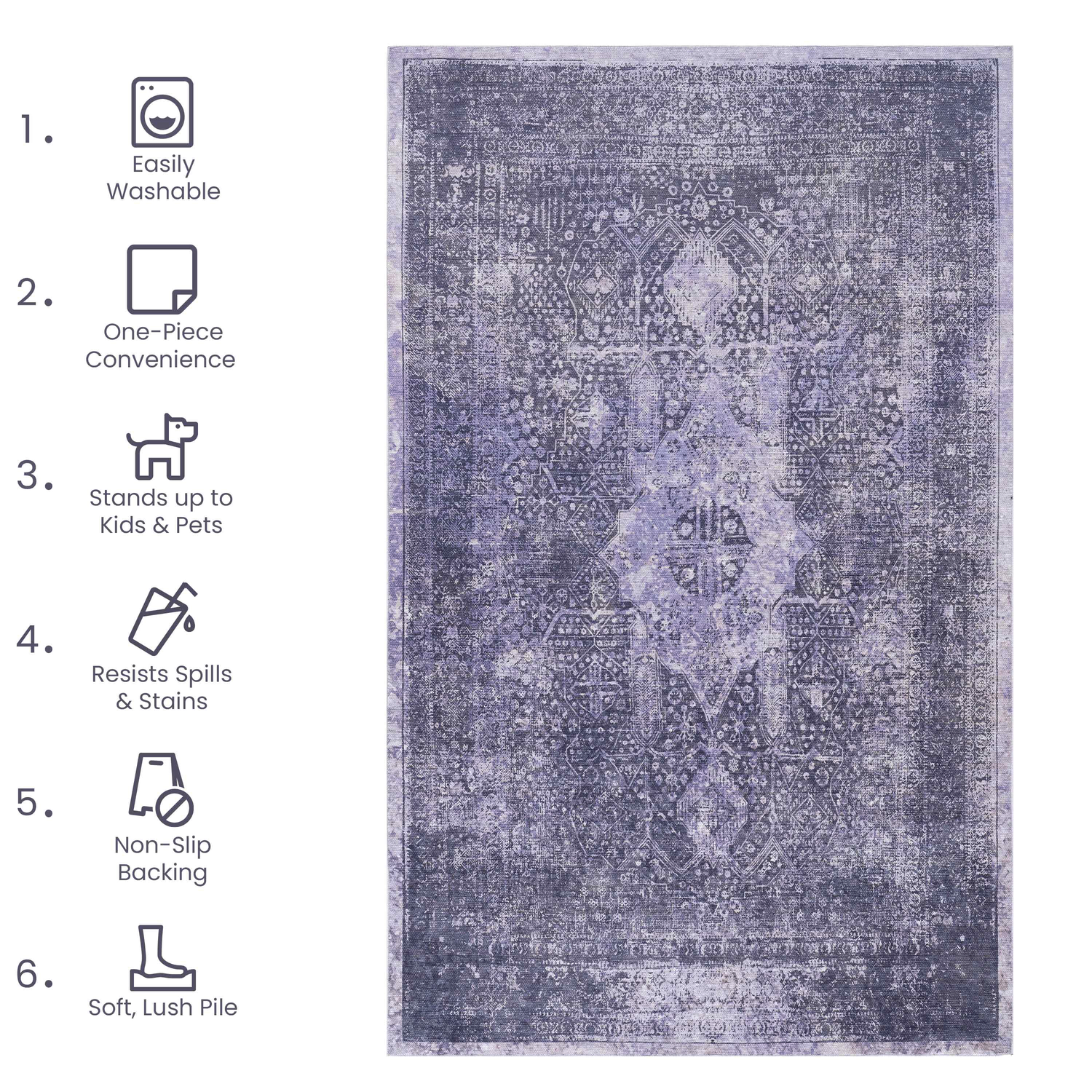 Area rug, washable rug, low-pile, non-slip, non-shedding, foldable, kid & pet friendly - area rugs for living room, bedroom, kitchen, dining room rug - perfect gifts, (anthracite, 2'6'' x 10')