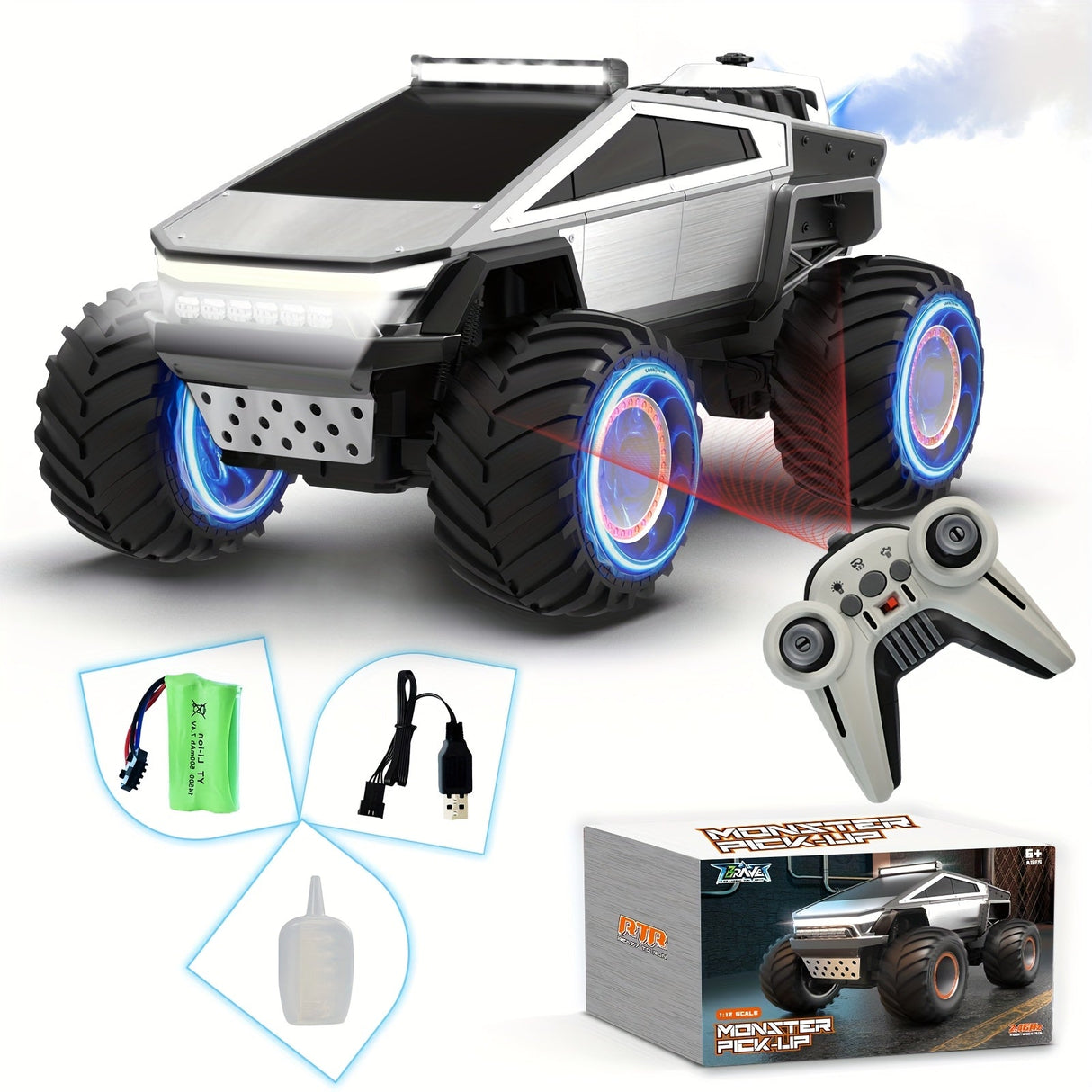 RC Monster Truck 4WD Remote Control Car Off-Road Toy with LED Lights for Kids 6+