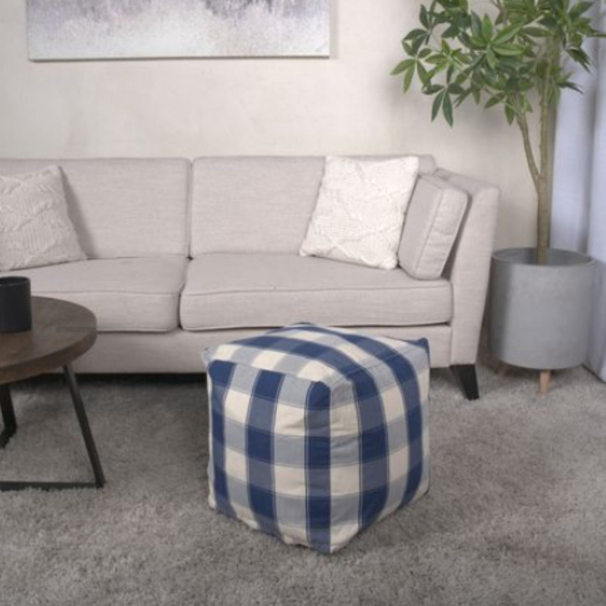 Connor - Checkered Square Pouf Ottoman And Floor Cushion - Ivory / Navy