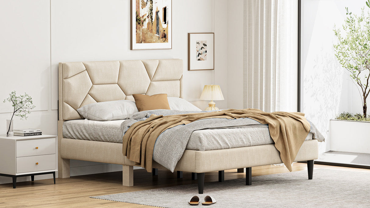 Queen Bed Frame with Linen Storage Headboard in Beige