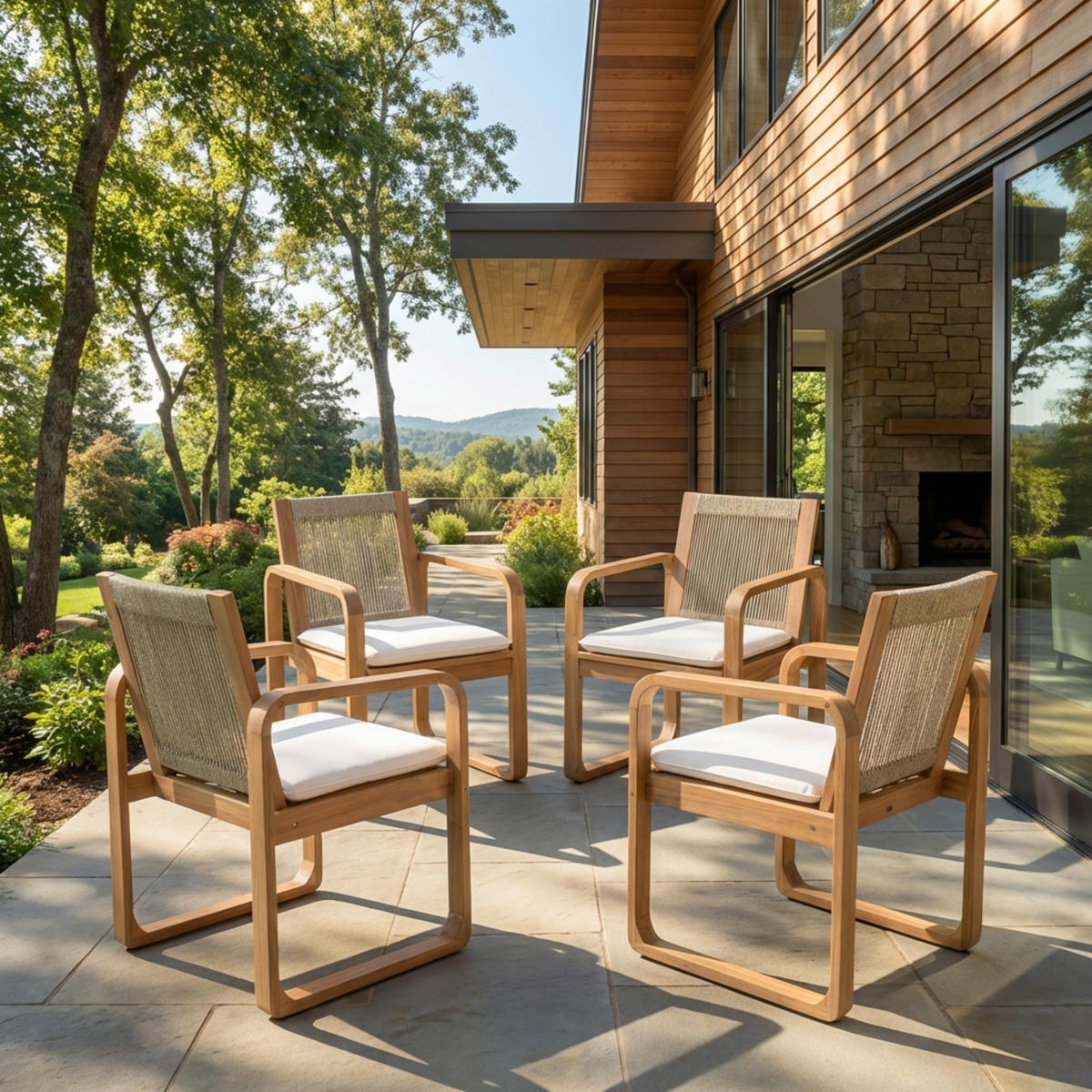 Acacia Wood Outdoor Dining Chairs Set with Rope Back and Cushions - Light Teak