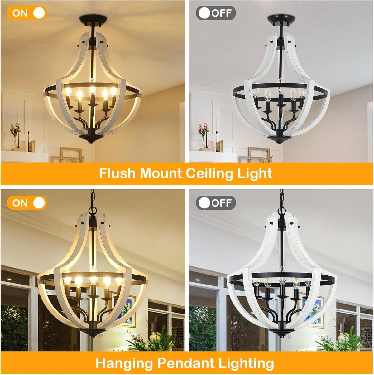 5-Light Farmhouse Chandelier with Dual-Mount Design - White