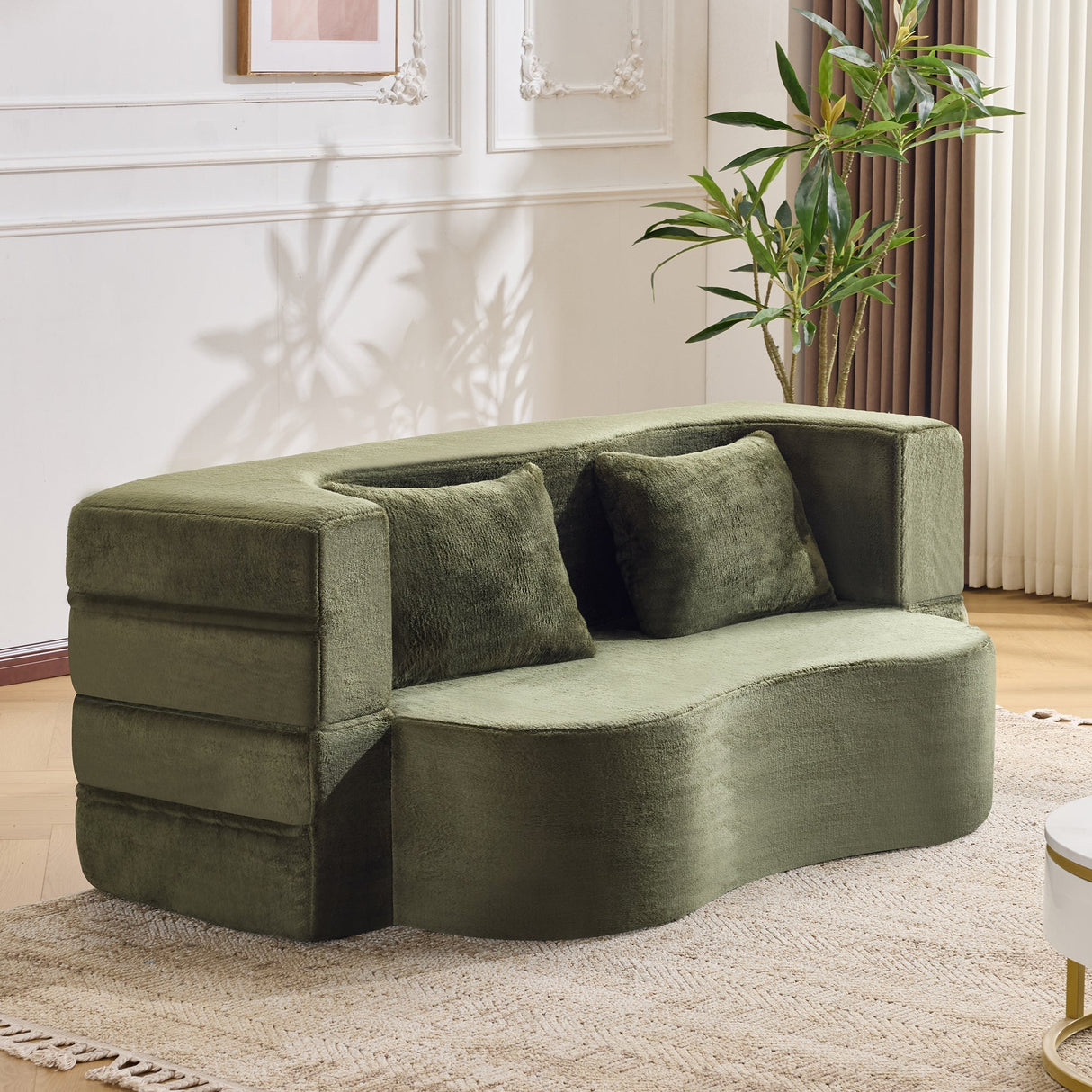 71-Inch Folding Sofa Bed in Green Plush Faux Fur