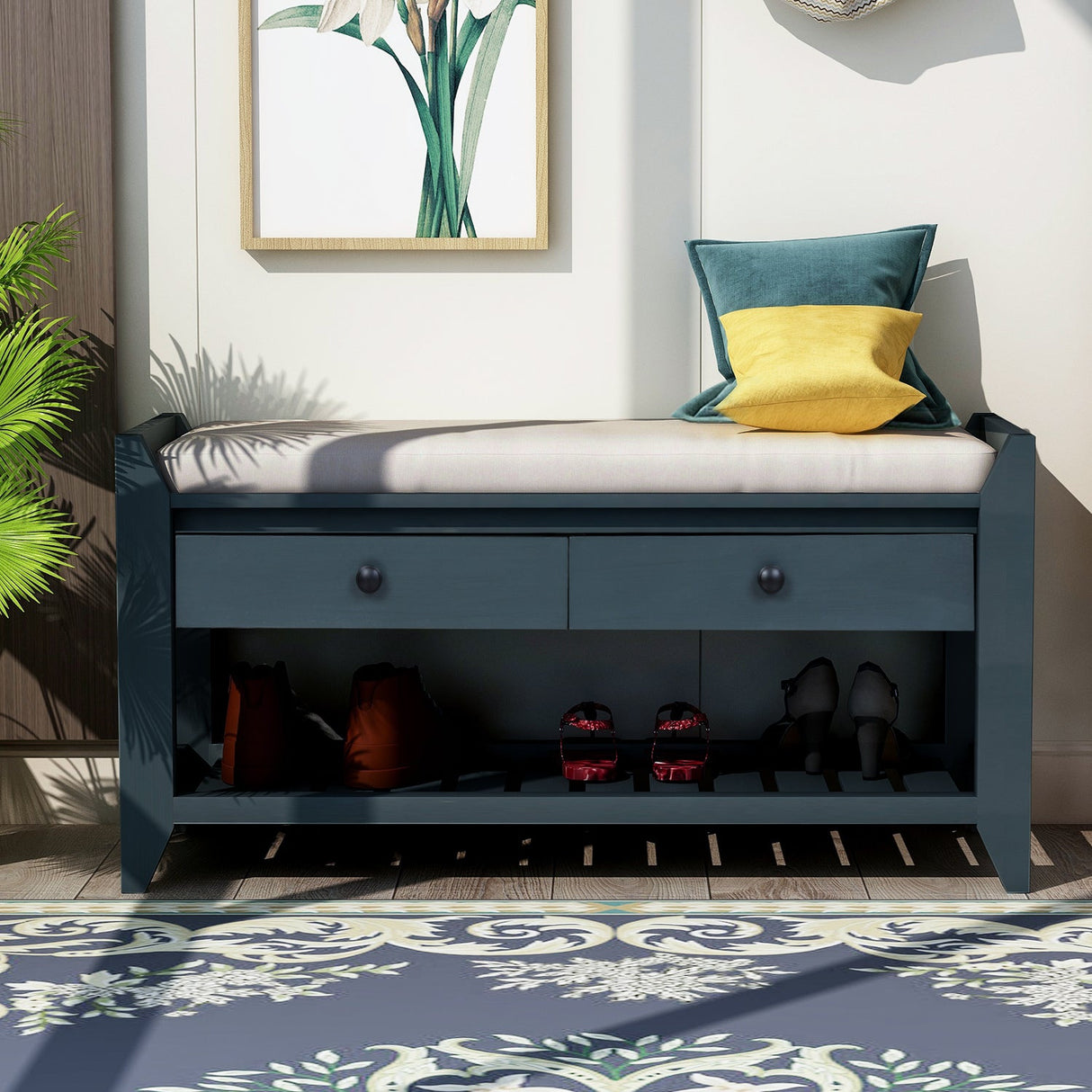 TREXM Shoe Rack with Cushioned Seat and Drawers