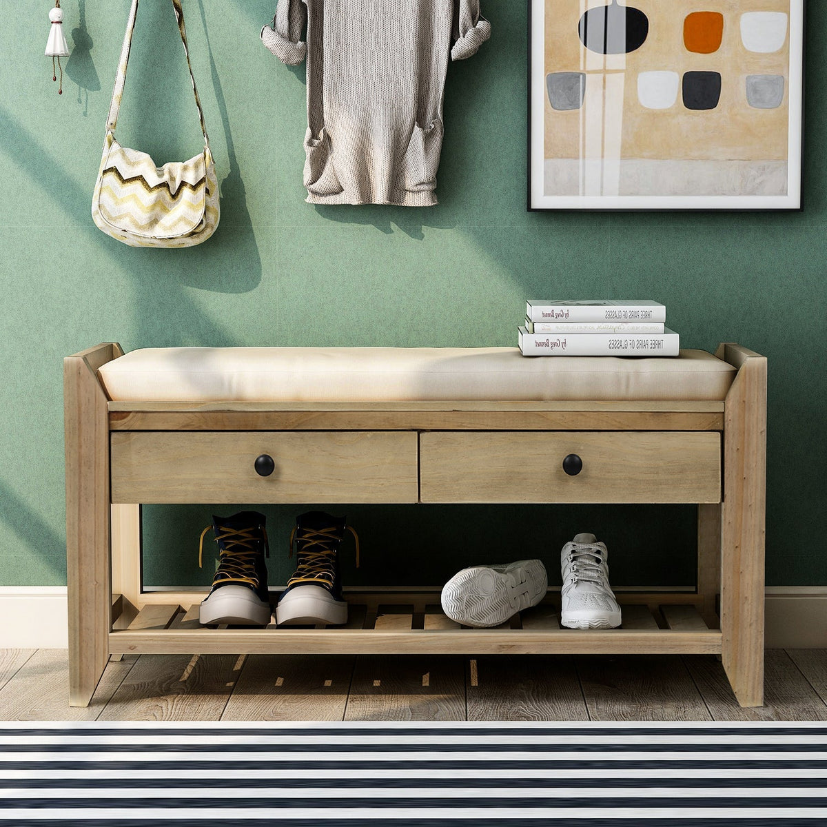 TREXM Shoe Rack with Cushioned Seat and Drawers