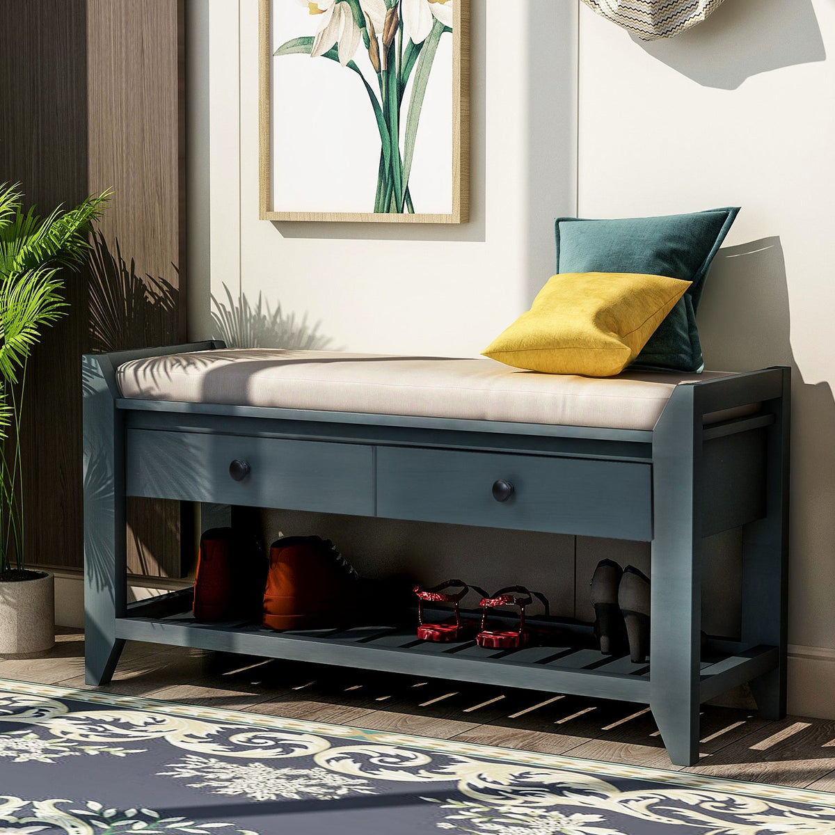 TREXM Shoe Rack with Cushioned Seat and Drawers