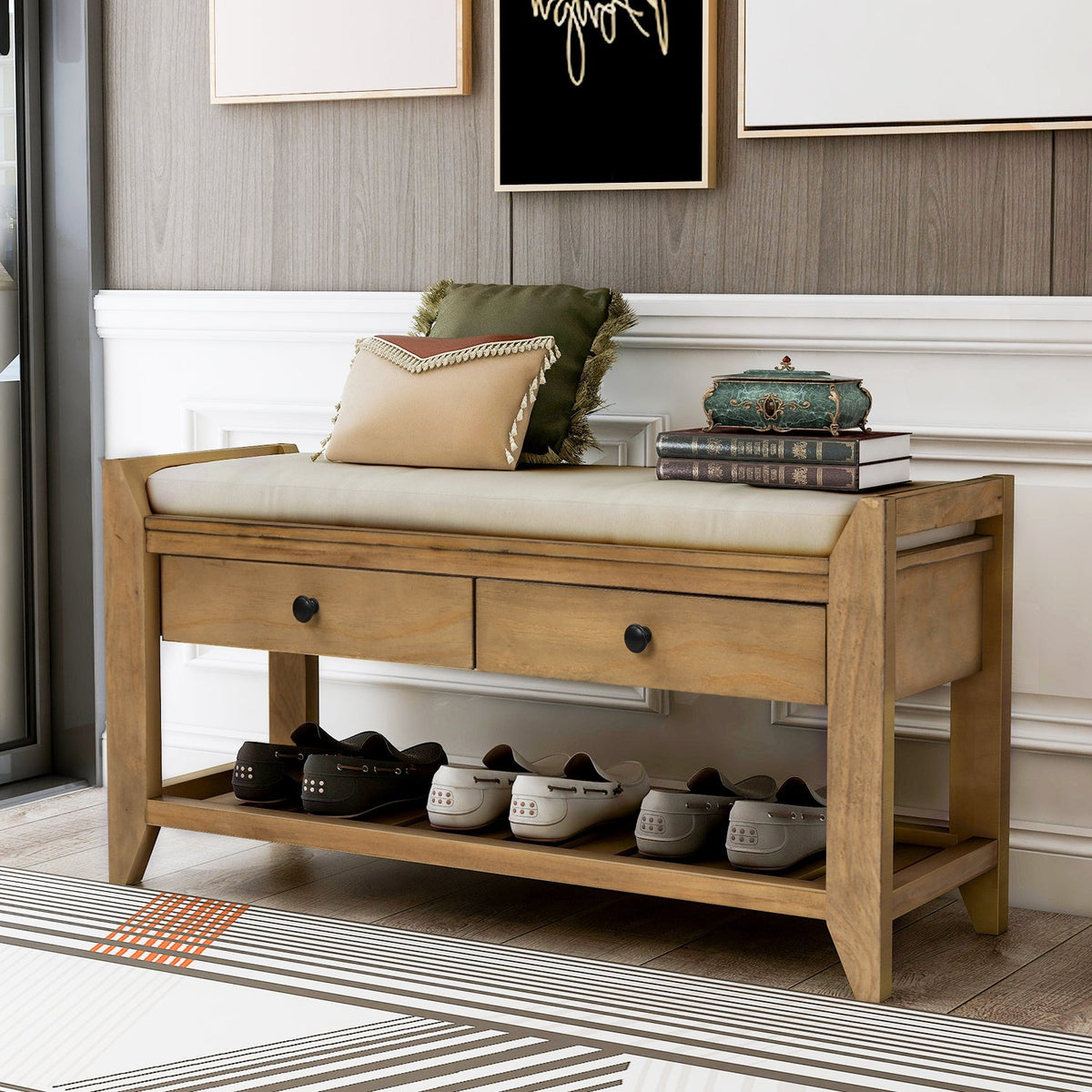 TREXM Shoe Rack with Cushioned Seat and Drawers