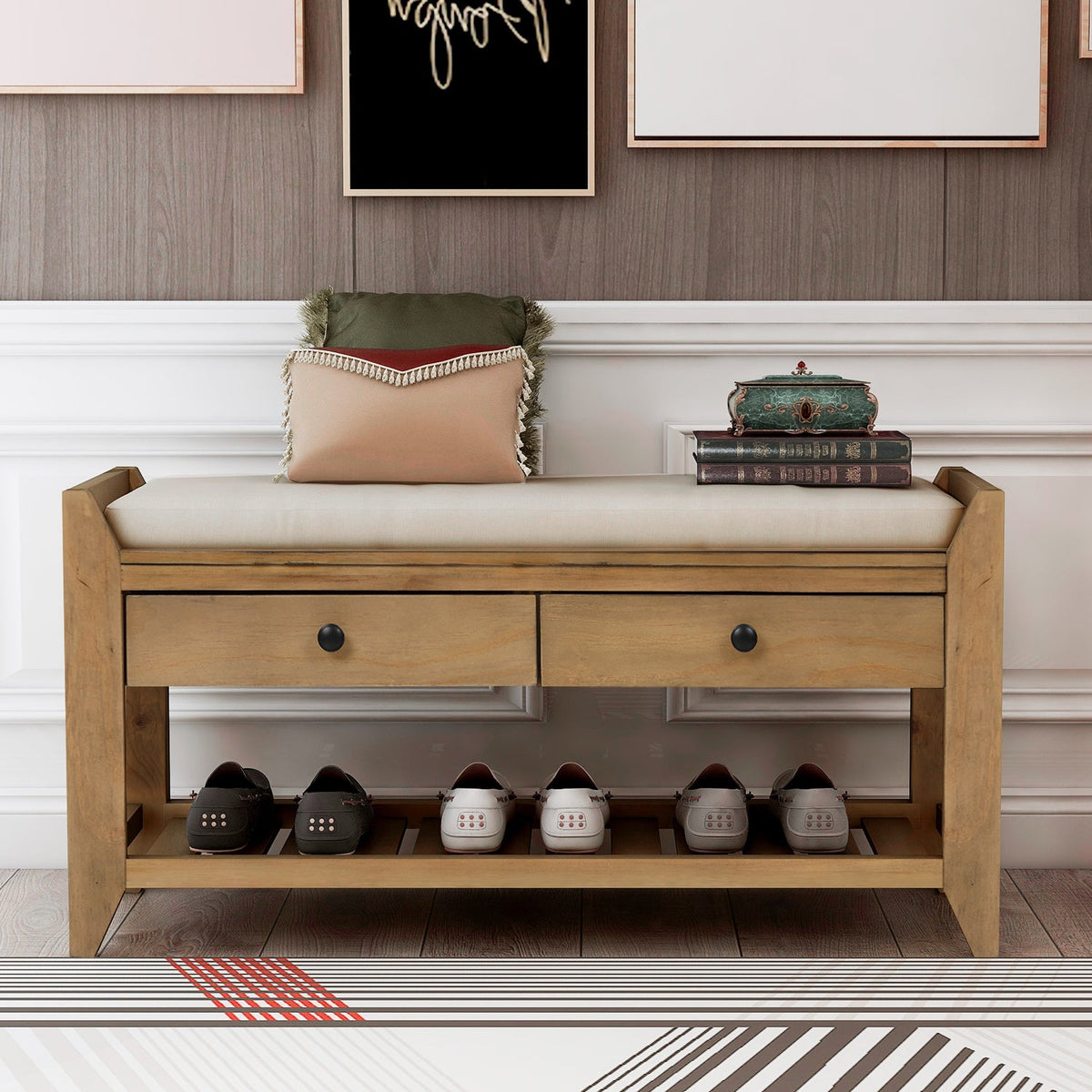 TREXM Shoe Rack with Cushioned Seat and Drawers