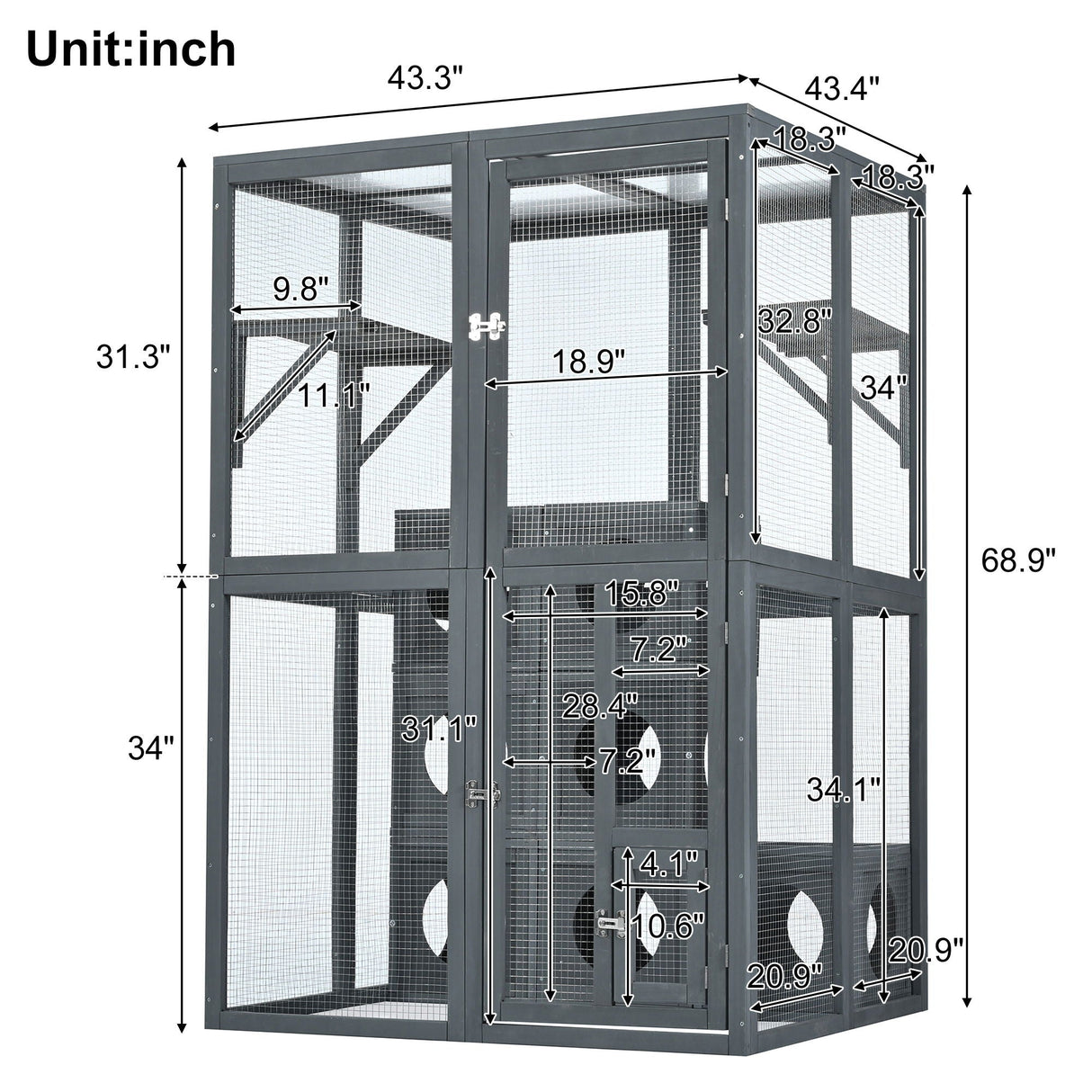 Outdoor Cat House With Shelves And Weather Protection, Removable Wood Boxes - Gray