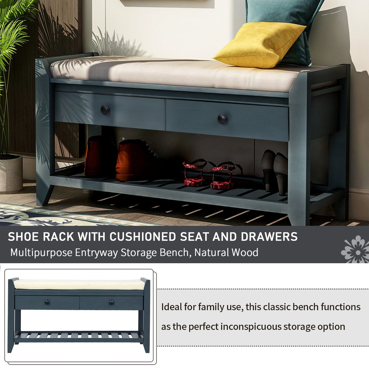 TREXM Shoe Rack with Cushioned Seat and Drawers