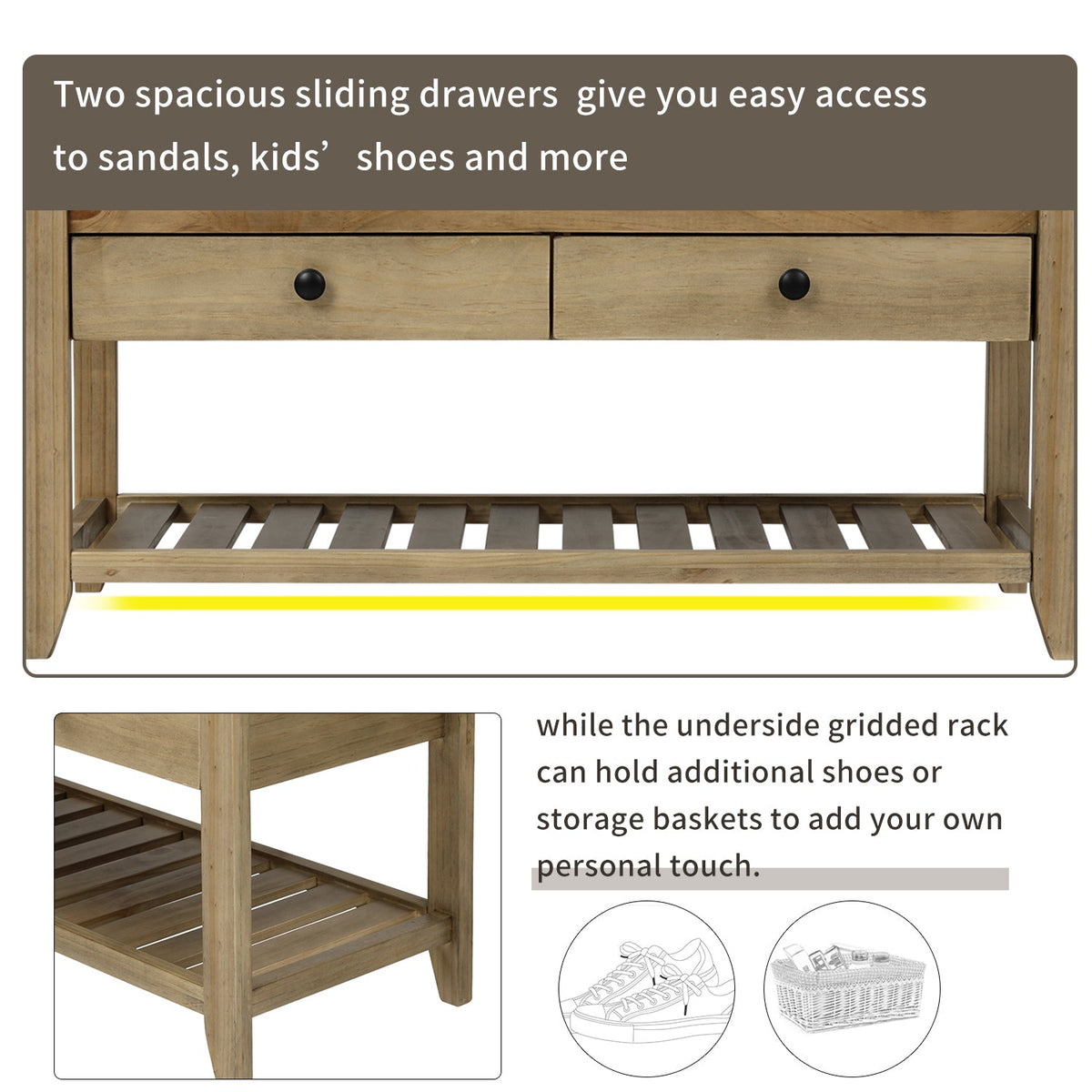 TREXM Shoe Rack with Cushioned Seat and Drawers
