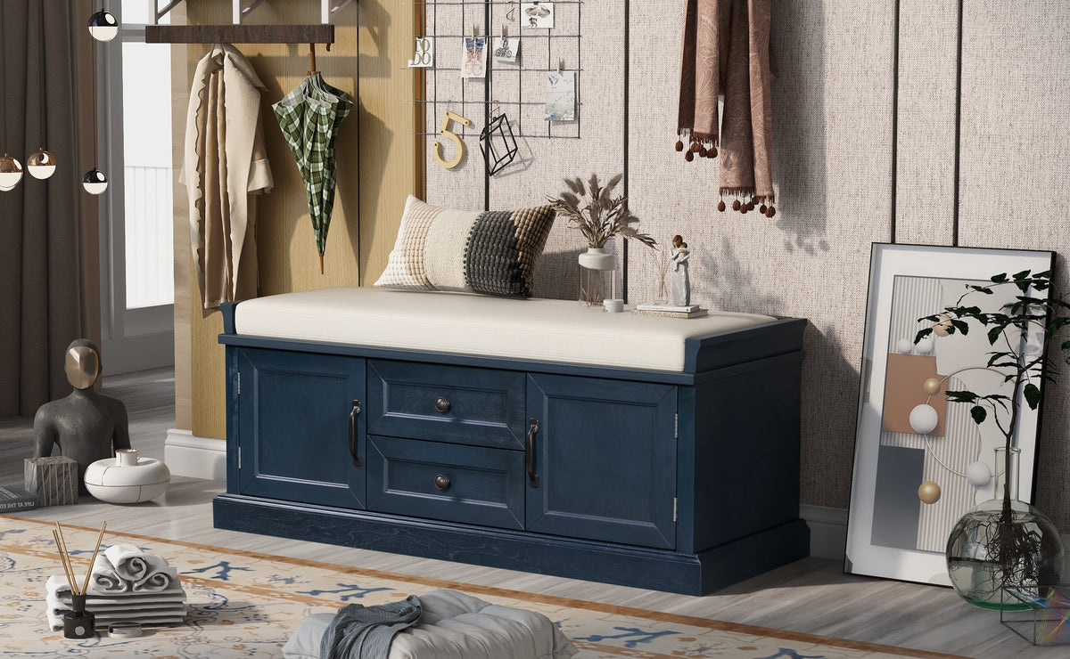 TREXM Storage Bench with 2 Drawers and 2 Cabinets in Antique Navy