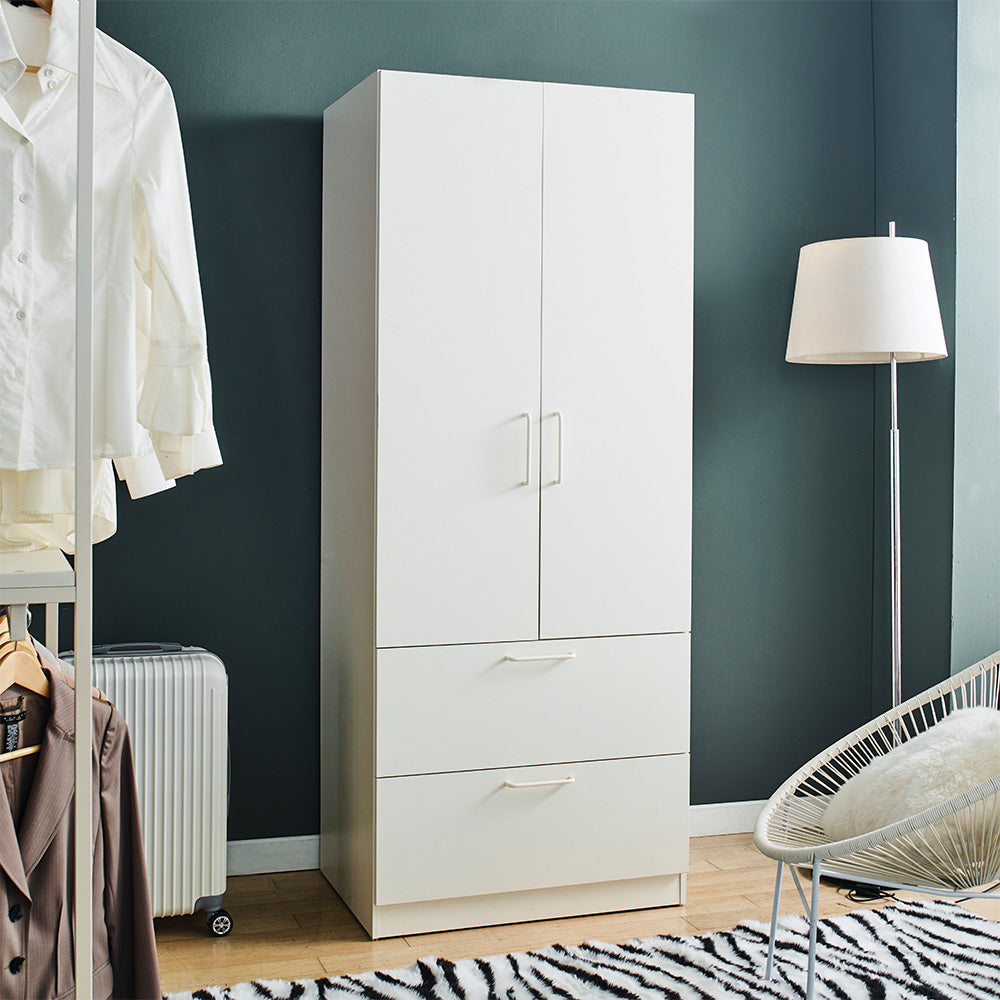 Emma Two-Door Wood Closet with Two Drawers and Hanging Bars