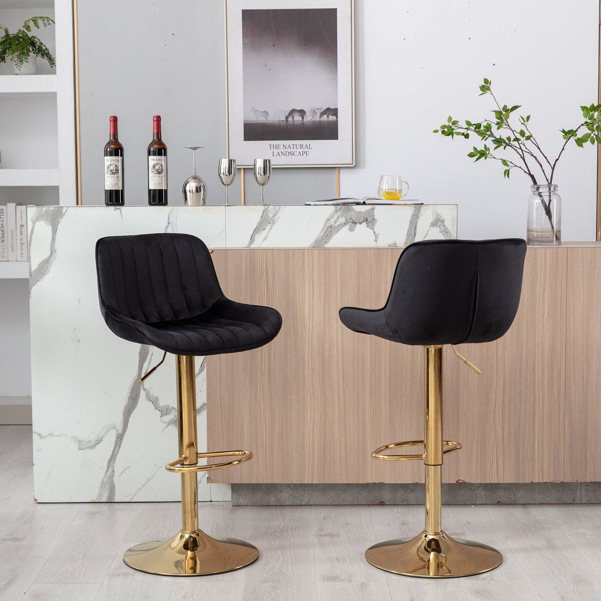 Chrome Footrest and Base Swivel Height Adjustable Mechanical Lifting Velvet Bar Stool, Set of 2