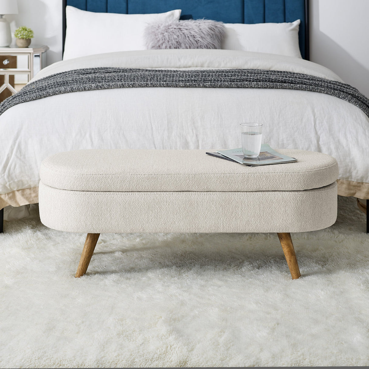 Ottoman Oval Storage Bench, Rubber Wood Legs, Beige (43.5"x16"x16")
