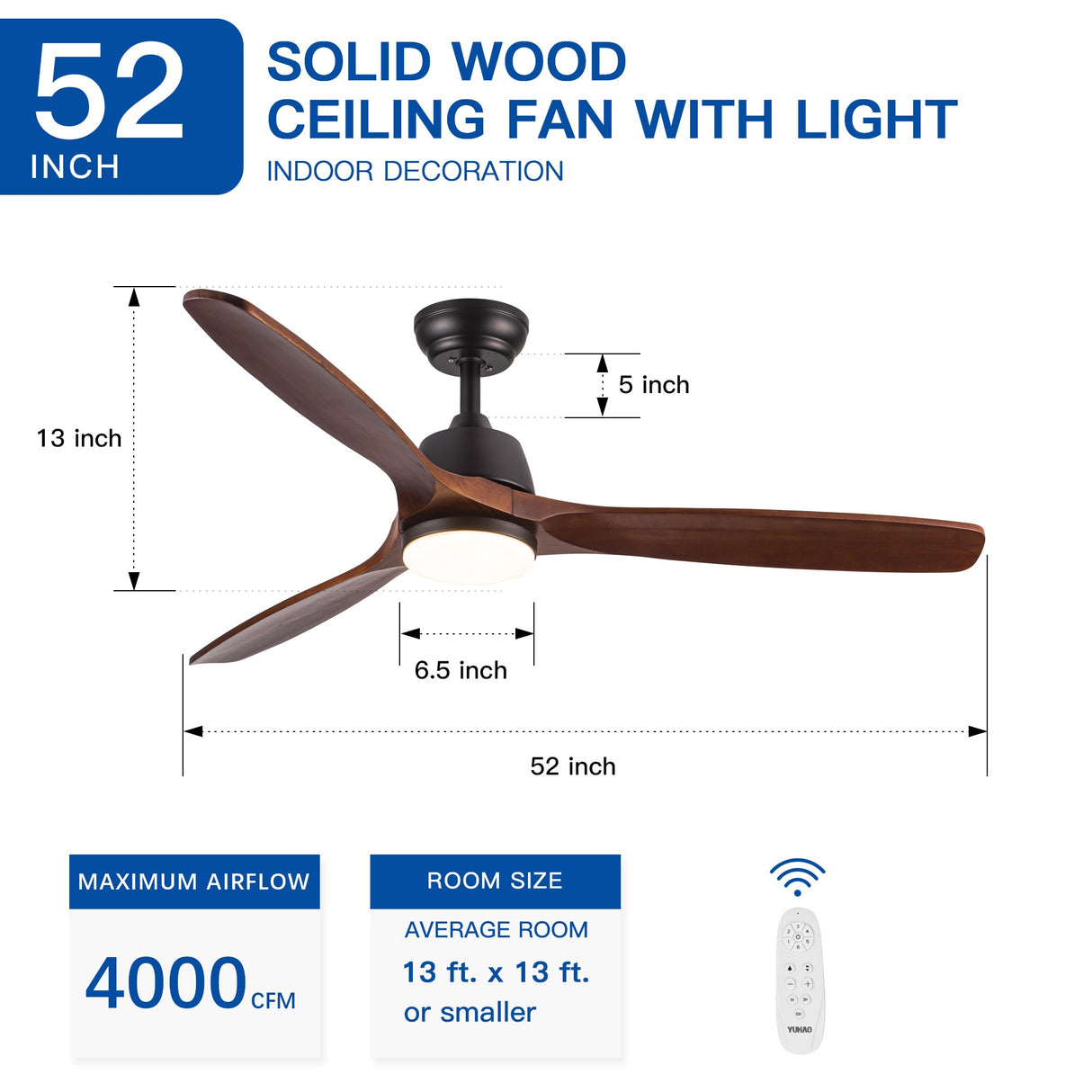 52" Yuhao Farmhouse Rustic LED Ceiling Fan with Remote Control