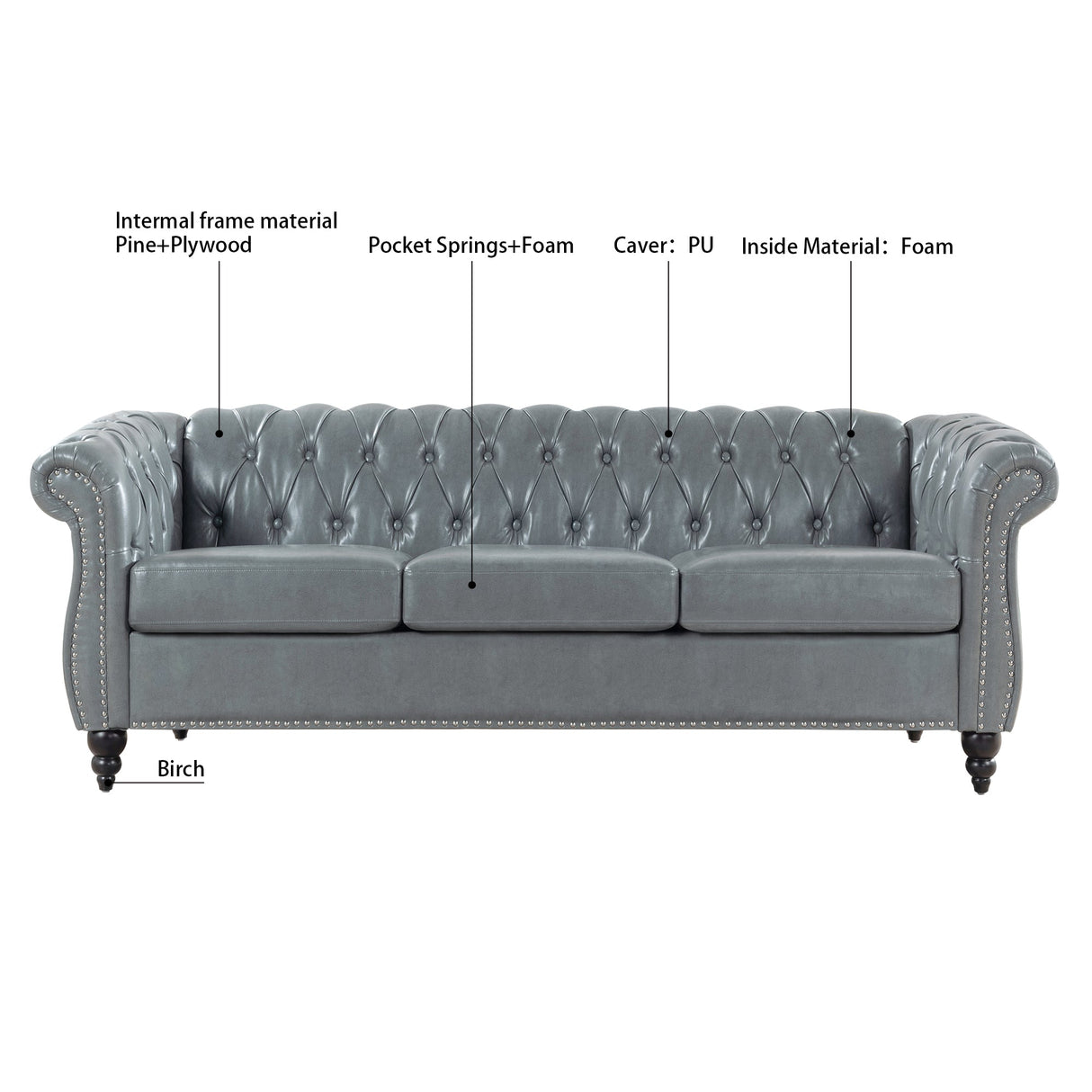 Rolled Arm Chesterfield 3 Seater Sofa