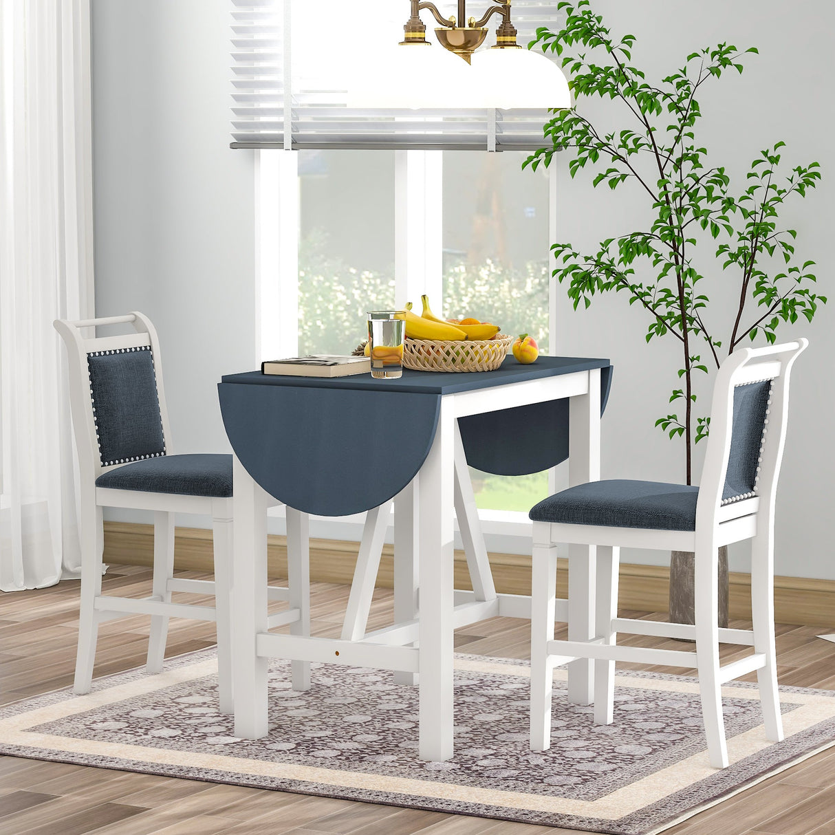 TOPMAX 3-Piece Wood Counter Height Drop Leaf Dining Table Set with 2 Upholstered Chairs