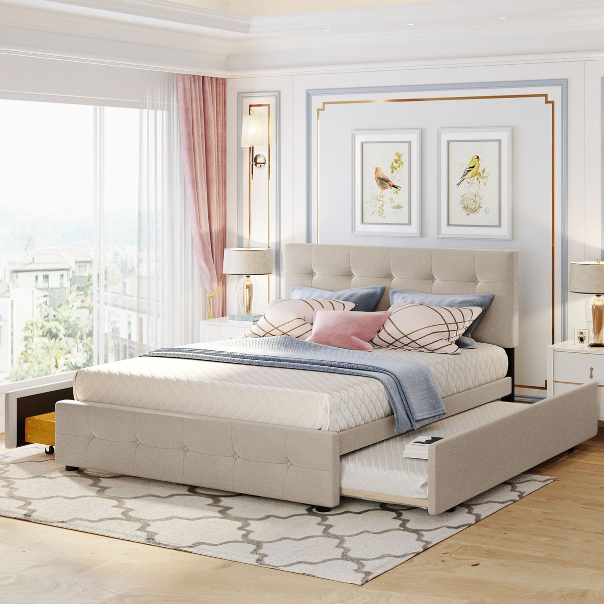 Upholstered Platform Bed with 2 Drawers and 1 Twin XL Trundle