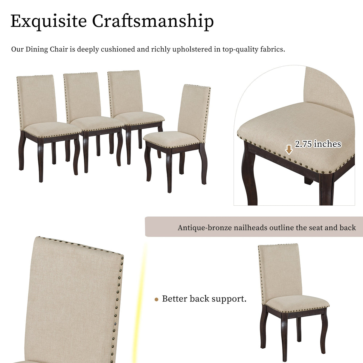 TREXM Set of 2 Dining Chairs with Nailhead (Espresso)