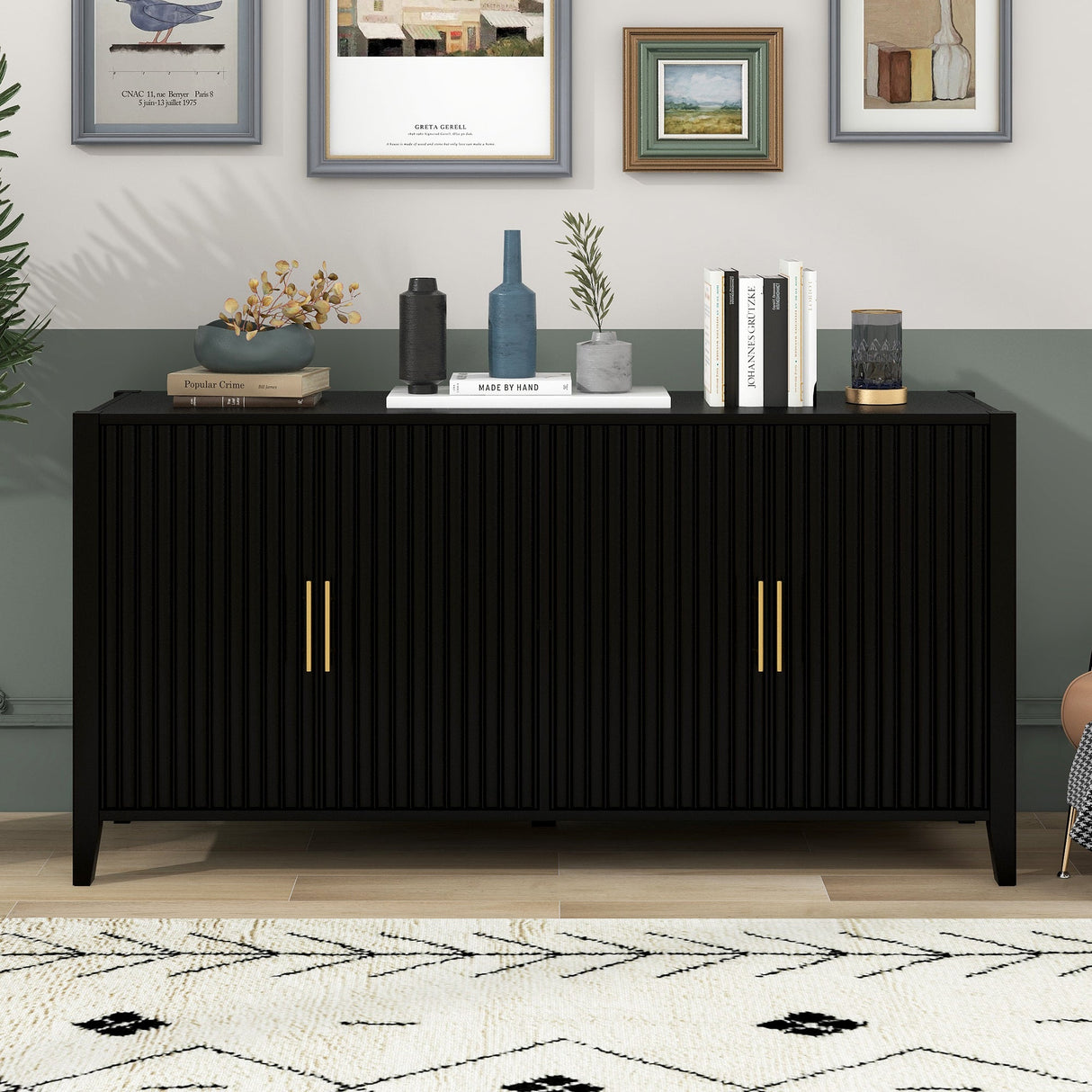 U_Style Modern 4-Vertical Wavy Slatted Doors Sideboard