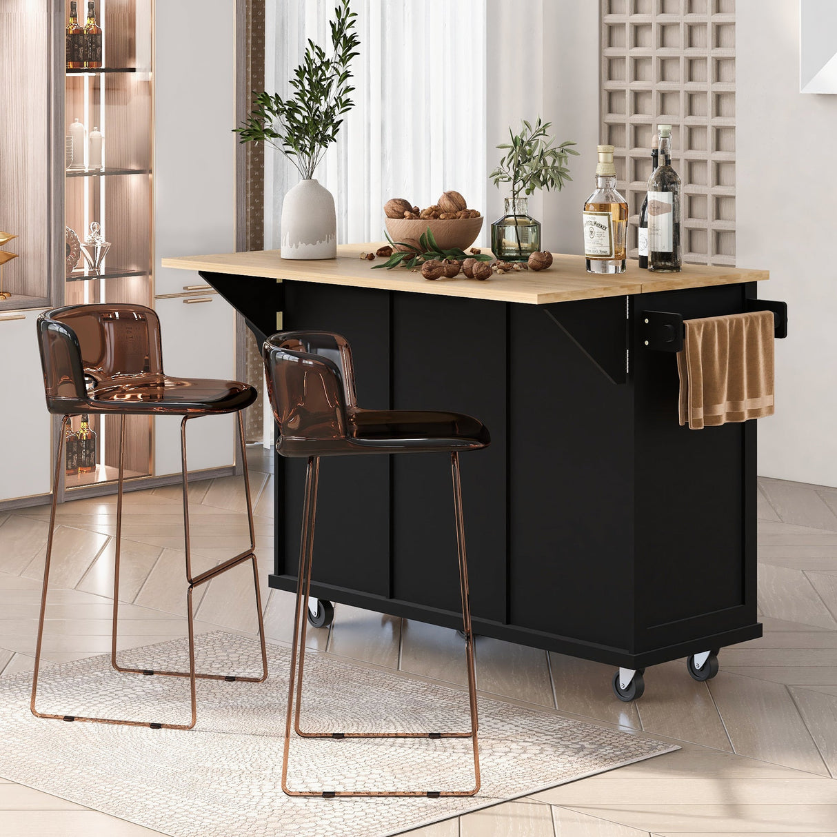Rubber Wood Drop-Leaf Kitchen Cart with Storage
