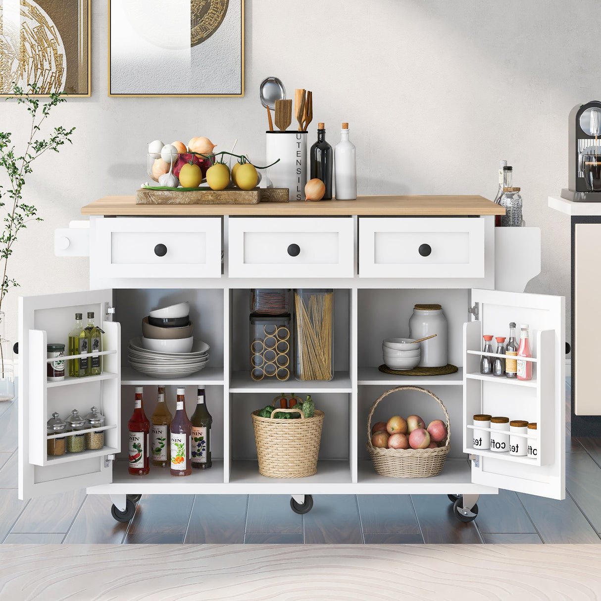 Kitchen Cart with Rubberwood Drop-Leaf Countertop