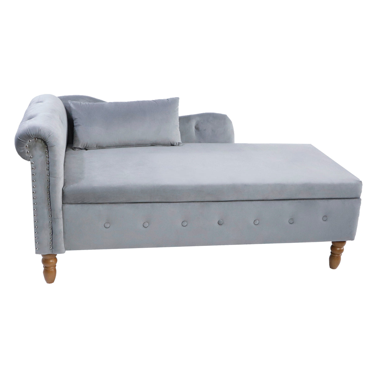 Grey Velvet Chaise Lounge Indoor with Storage & Pillow
