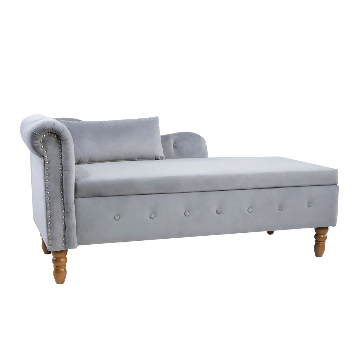 Grey Velvet Chaise Lounge Indoor with Storage & Pillow