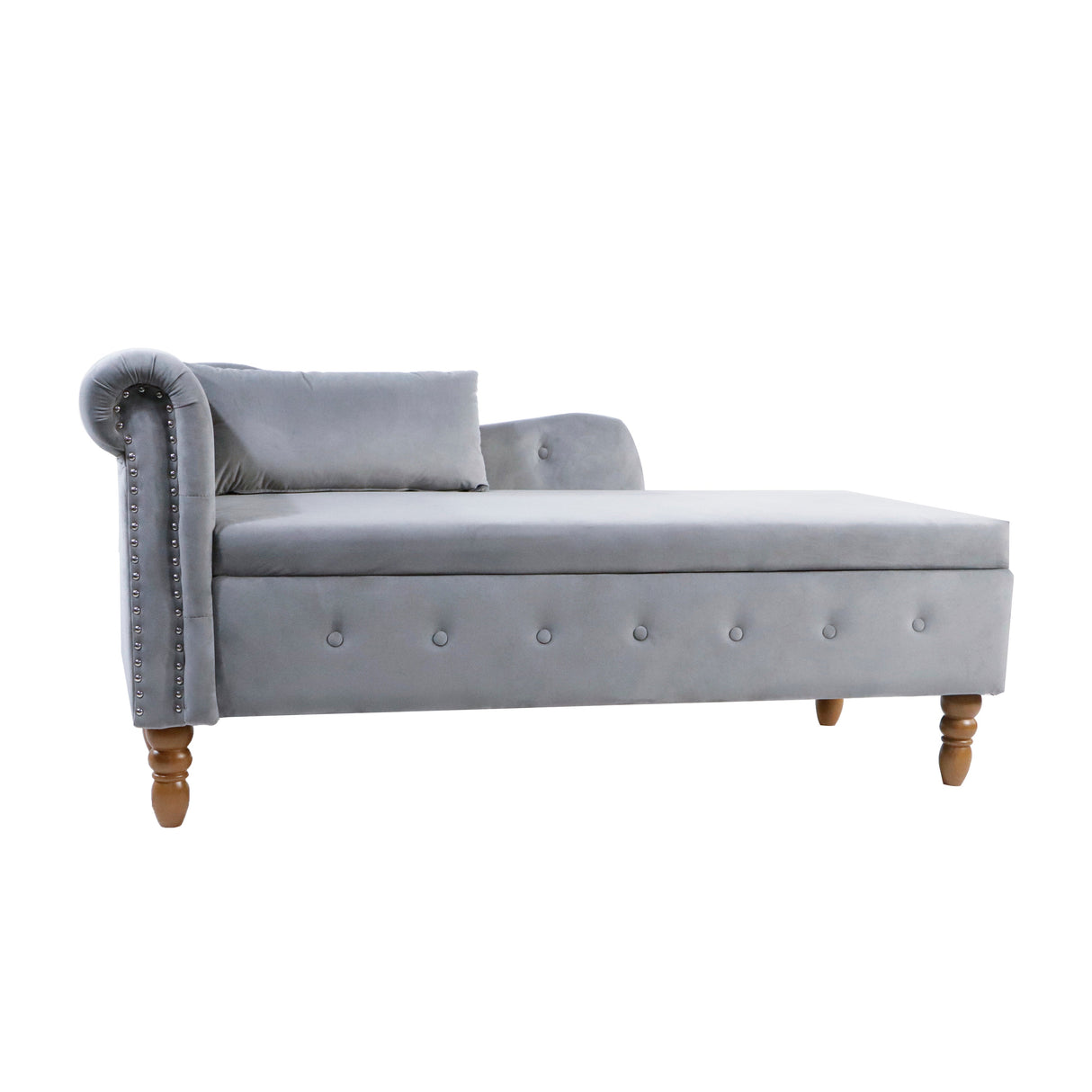 Grey Velvet Chaise Lounge Indoor with Storage & Pillow