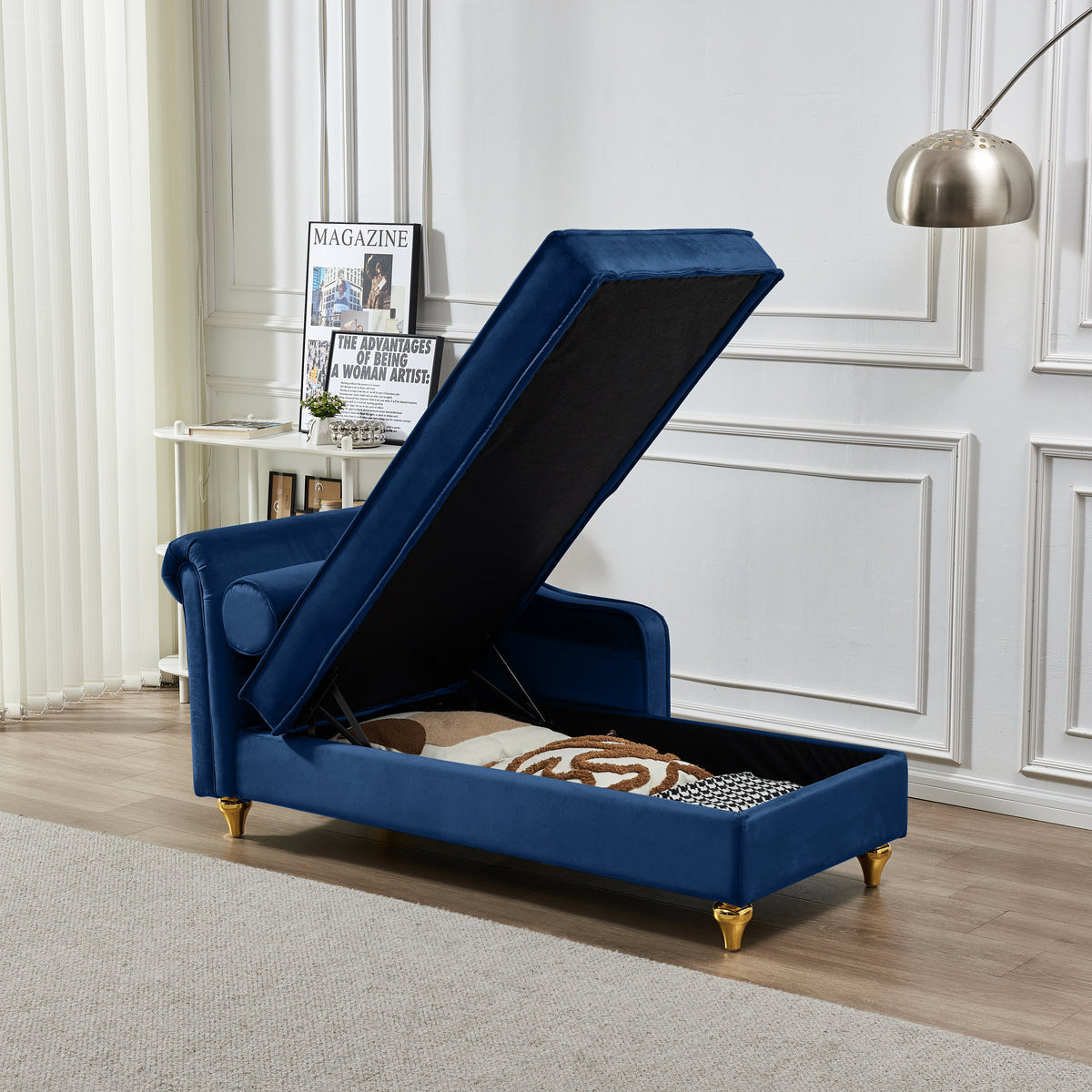 Modern Velvet Chaise Lounge Chair with Storage - Navy Blue