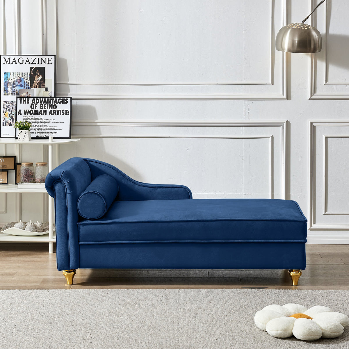 Modern Velvet Chaise Lounge Chair with Storage - Navy Blue