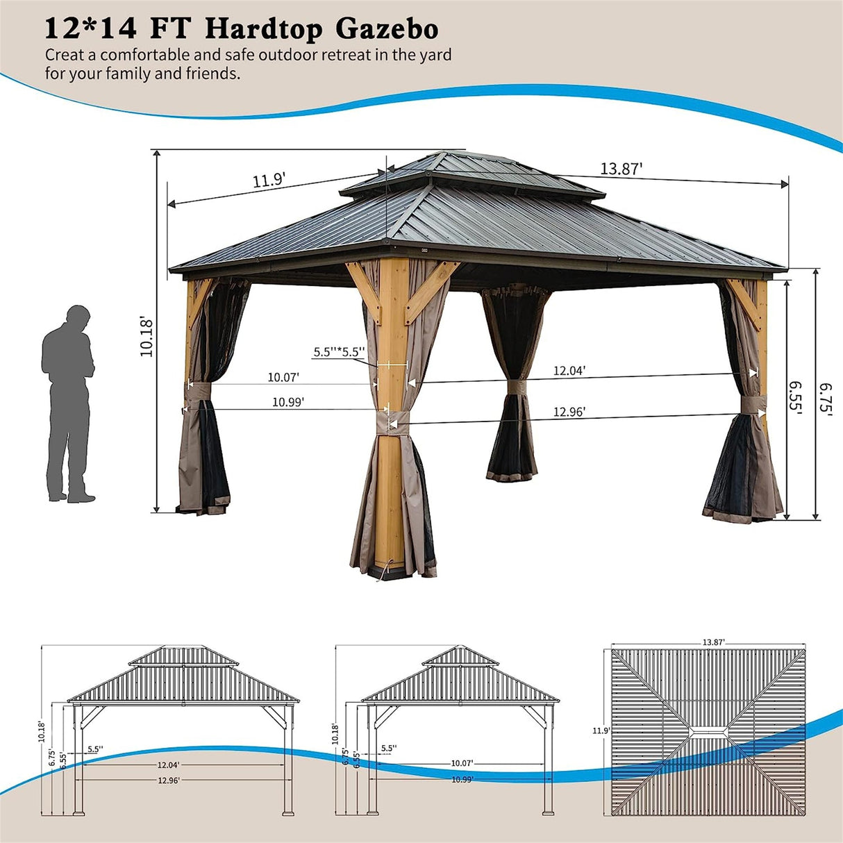 12'x14' Hardtop Gazebo, Outdoor Cedar Wood Frame Canopy