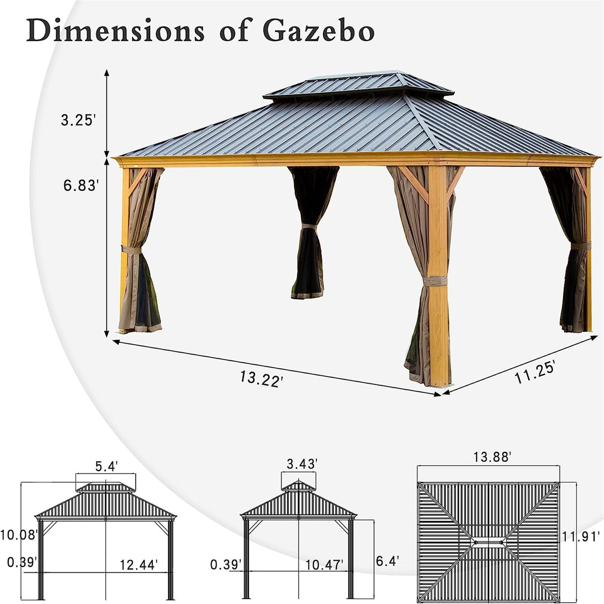 12'x14' Hardtop Gazebo, Wooden Coated Aluminum Frame Canopy