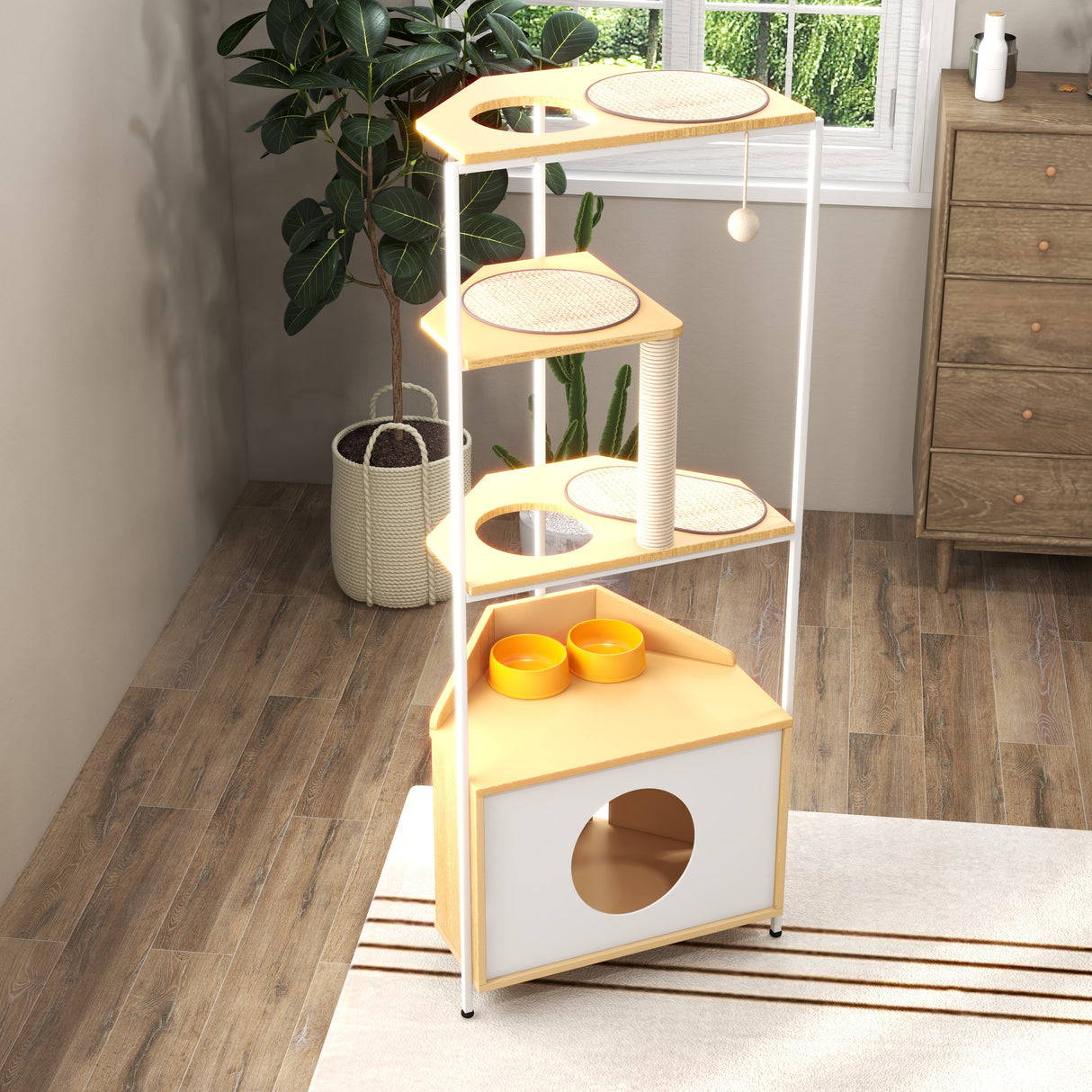 Corner Cat Tower with Scratching Post and Feeding Station