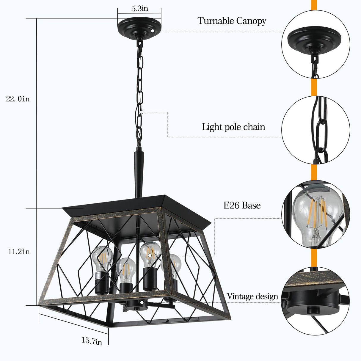 16" Black Gold Industrial Pendant Chandelier
