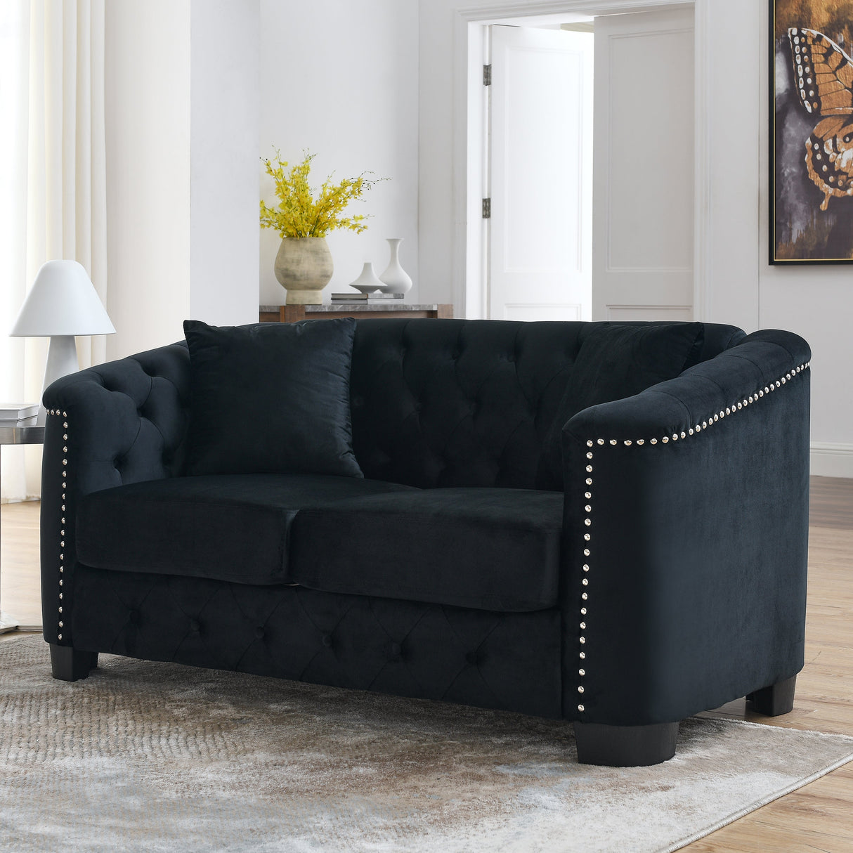 59-Inch Modern Chesterfield Velvet Sofa - 2-Seater in Black