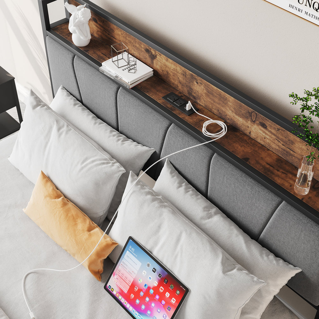 Full Size Bed Frame with Storage Headboard