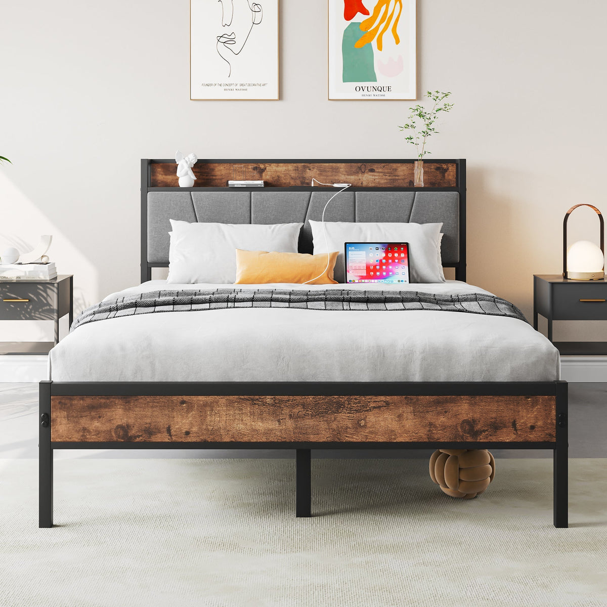 Full Size Bed Frame with Storage Headboard