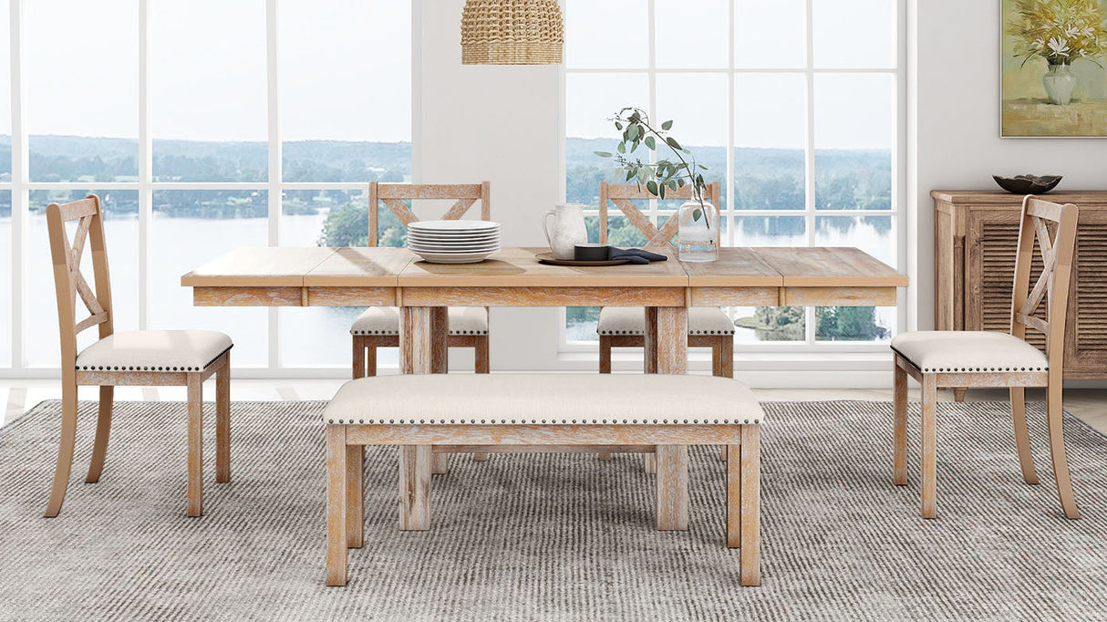 TOPMAX Farmhouse 82inch 6-Piece Extendable Dining Table Set