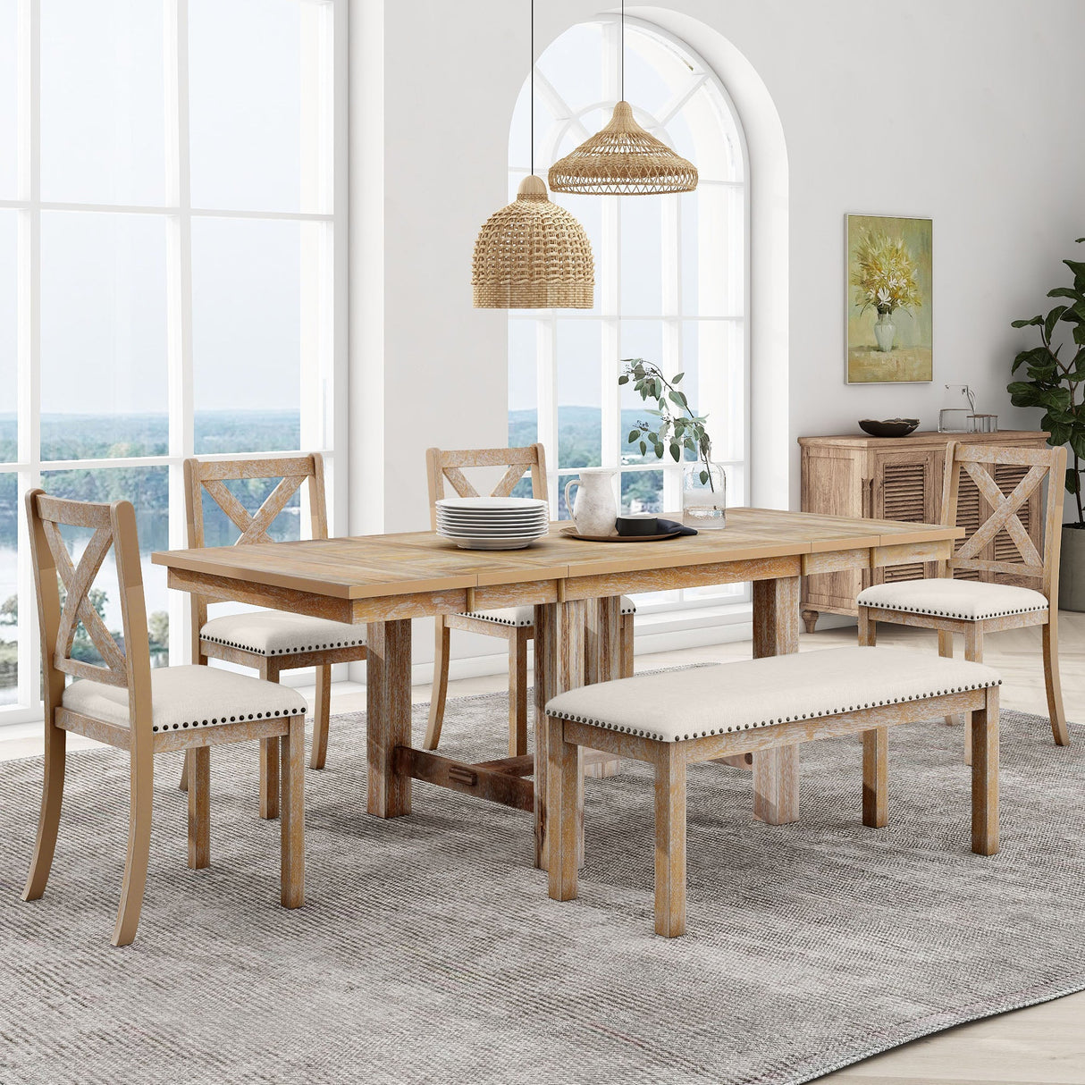 TOPMAX Farmhouse 82inch 6-Piece Extendable Dining Table Set