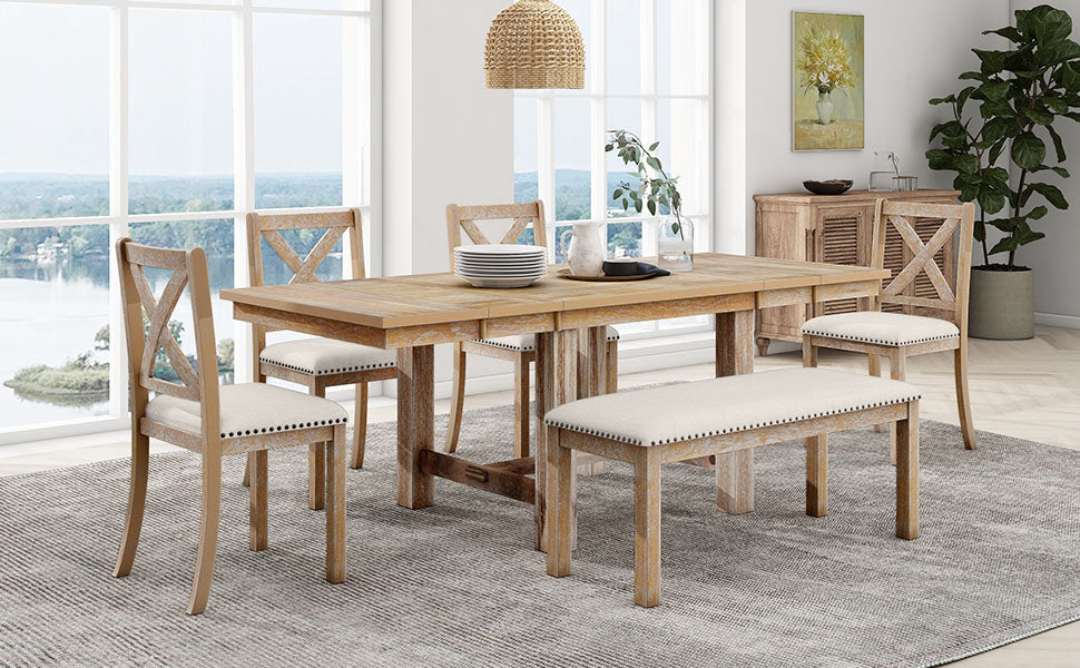 TOPMAX Farmhouse 82inch 6-Piece Extendable Dining Table Set