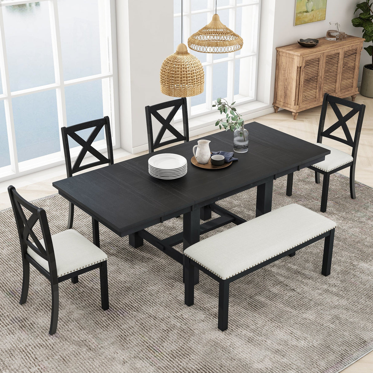 TOPMAX Farmhouse 82-Inch 6-Piece Extendable Dining Table Set