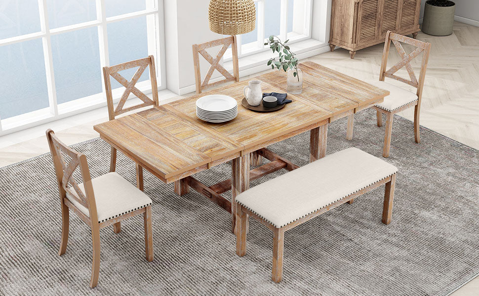 TOPMAX Farmhouse 82inch 6-Piece Extendable Dining Table Set