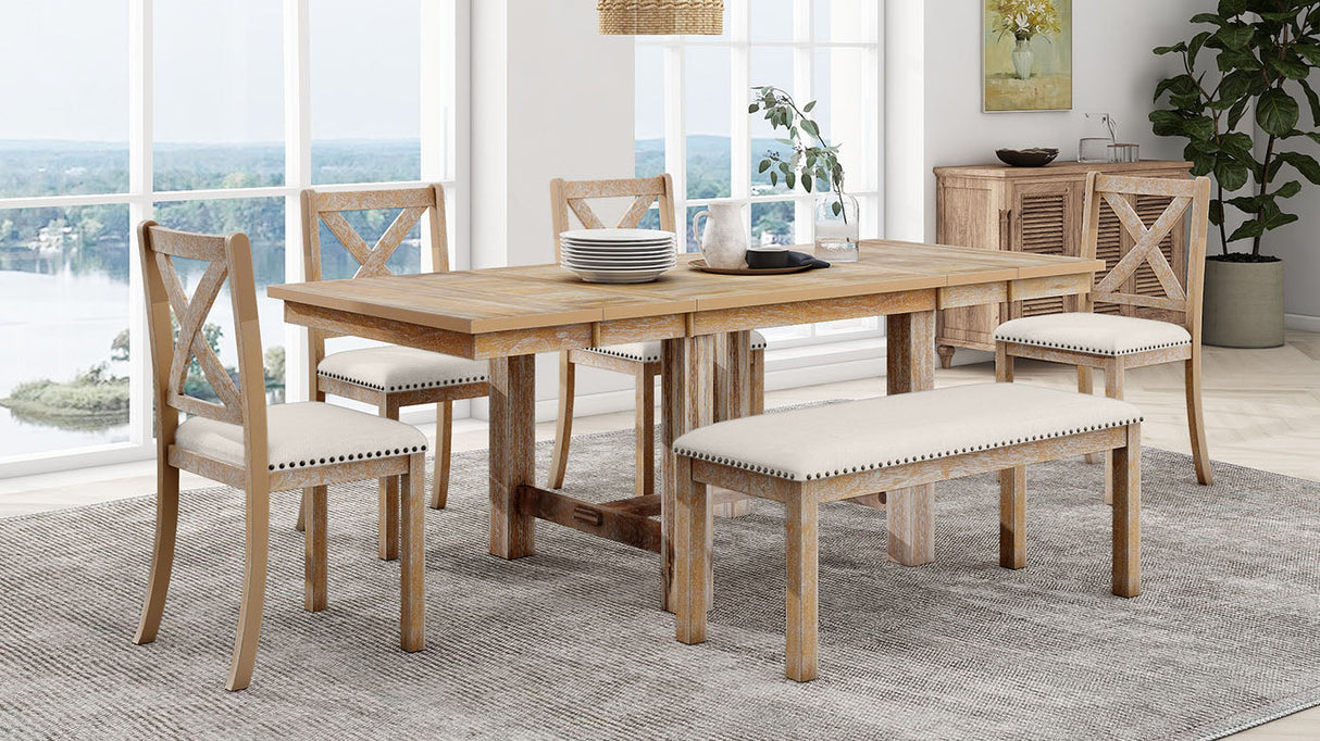 TOPMAX Farmhouse 82inch 6-Piece Extendable Dining Table Set