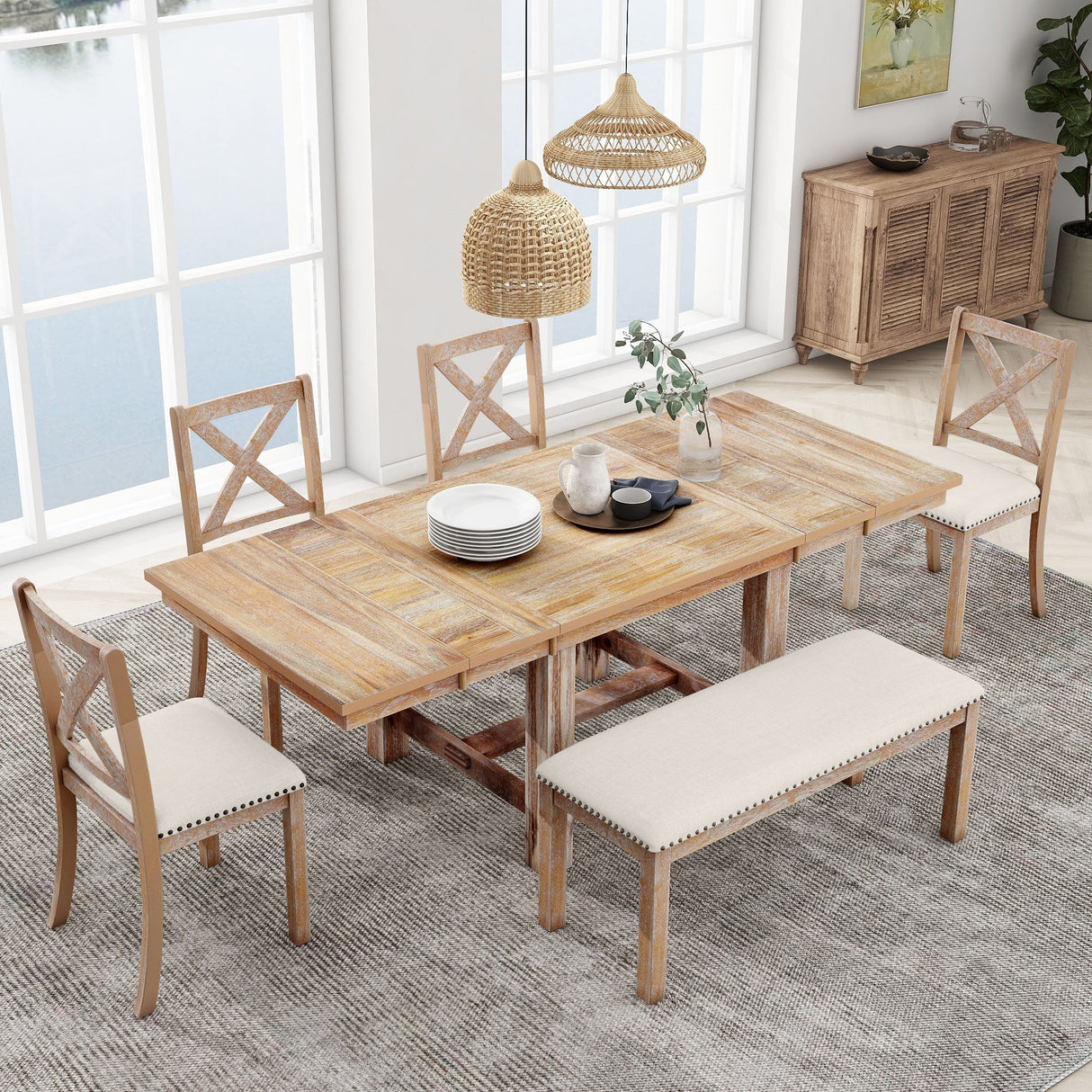 TOPMAX Farmhouse 82inch 6-Piece Extendable Dining Table Set
